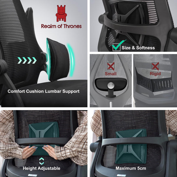 Realm of Thrones CAPTAIN Ergonomic Office Chair for Home, Heavy Duty Steel Base, Versatile Flip-up Armrests, Adjustable Lumbar Support, Mesh Back Comfort Cushion Seat for Computer Desk/Gaming (Black)