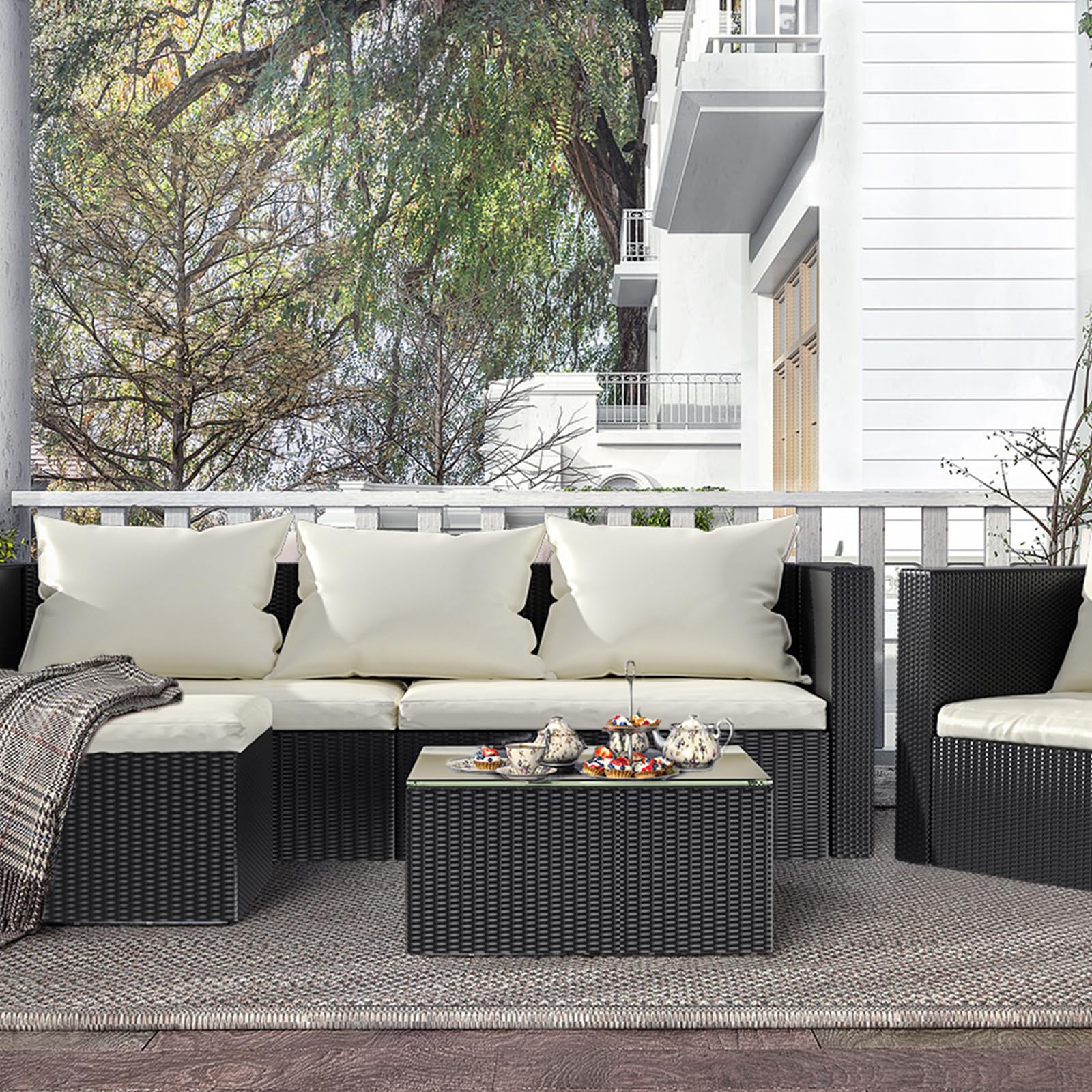 bigzzia Rattan Garden Furniture Set, 4 piece Patio Rattan furniture sofa Weaving Wicker includes 2 Armchairs,1 Double seat Sofa and 1 table (Black)