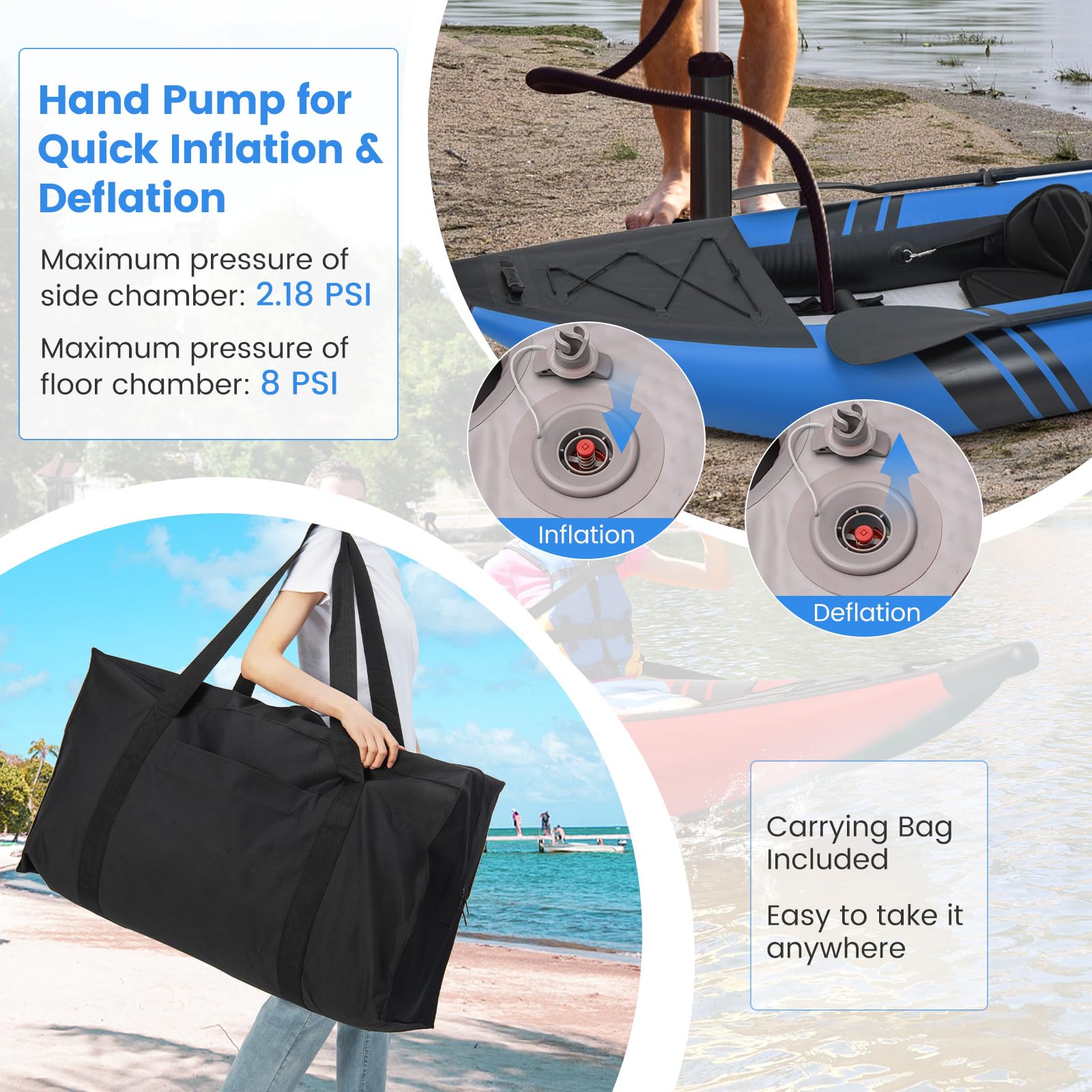 GYMAX Inflatable Kayak Set, 2-Person Inflatable Boat with Aluminum Oars, EVA Padded Seat, Fins, Hand Pump, Repair Kit and Carry Bag, Blow Up Canoe for Lakes, Rivers & Sea Shores