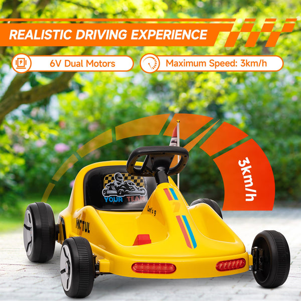 AIYAPLAY Electric Go Kart, 6V Battery Powered Kids Go Kart with Music, Light, Horn, Kids, Ride on Car for 3-5 Years, Yellow