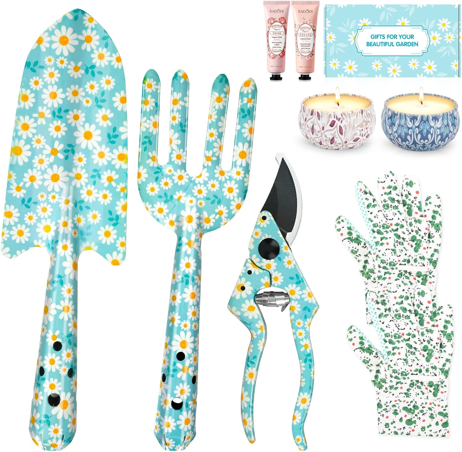 Garden Tools Gardening Gifts for Women, Trowel, Fork, Scissor, Candles and Hand Cream, Gardening Gifts for Women, Ladies Hamper with Daisy Print, Birthday Gifts for Women