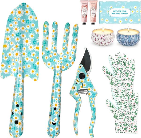 Garden Tools Gardening Gifts for Women, Trowel, Fork, Scissor, Candles and Hand Cream, Gardening Gifts for Women, Ladies Hamper with Daisy Print, Birthday Gifts for Women