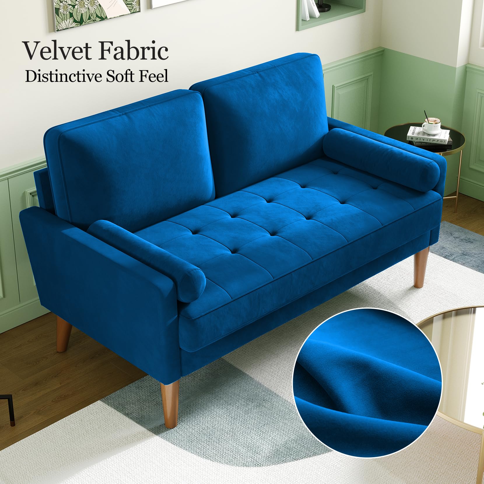Vesgantti Small 2 Seater Sofa Blue, Comfy Sofa Couch with Spring Cushion, Velvet Sofa with Wood Legs, Modern Love Seat Sofa, Sofa 2 Seater for Living Room, Small Sofa for Bedroom, Blue Office Sofa