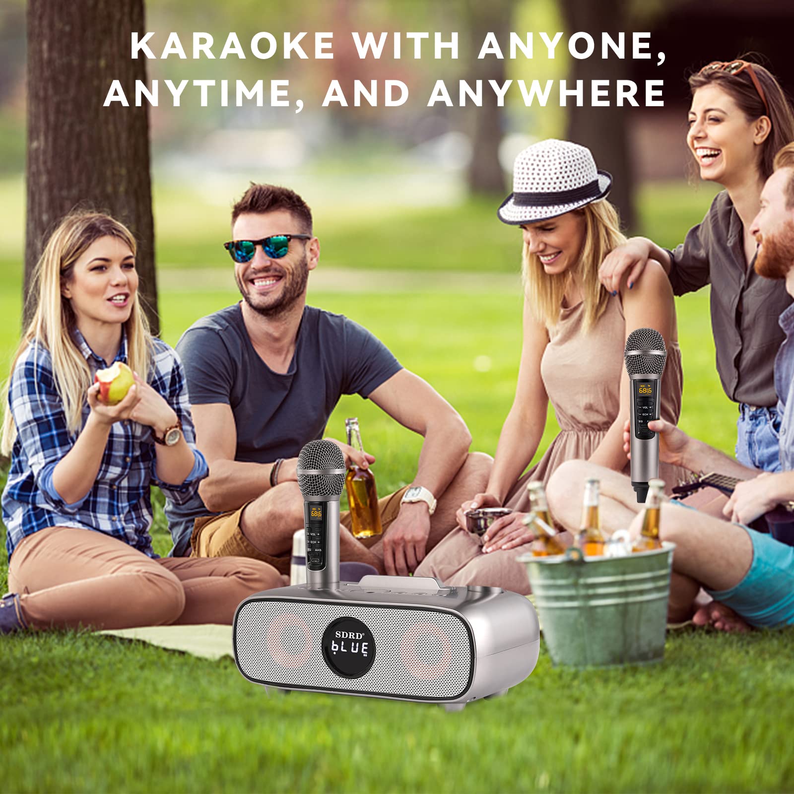 Upgrade Karaoke Machine for Adults and Kids,Portable Bluetooth 2 UHF Wireless Karaoke Microphone with Holder/USB/TF Card/AUX-in,PA Speaker System for Home Party, Picnic,Car,Outdoor/Indoor-Grey