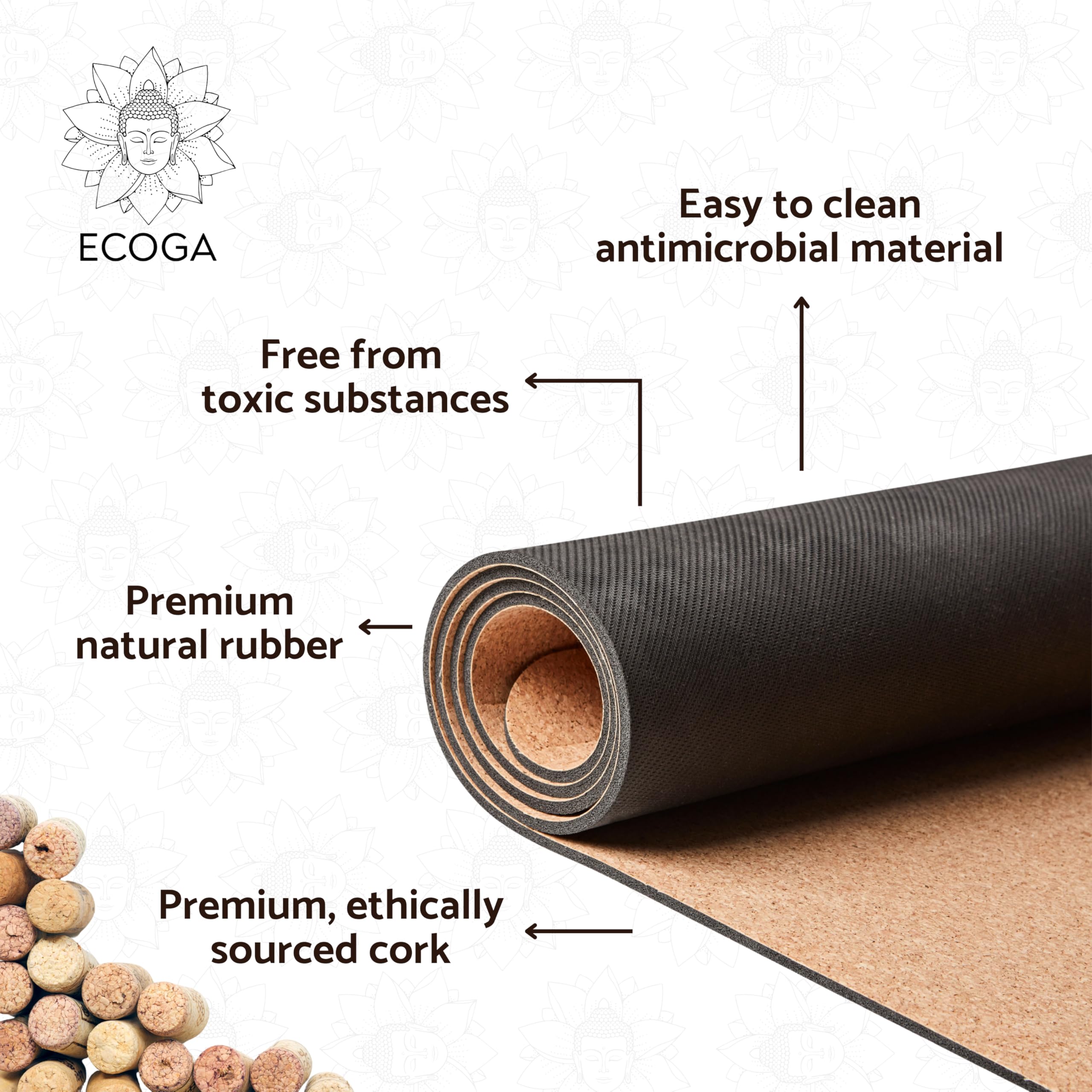 Ecoga Cork Yoga Mat With Alignment Lines - Thick Yoga Mat with Natural Rubber Base - Nonslip, Eco-friendly Pilates Mat for Stretching, Gym Workout &
