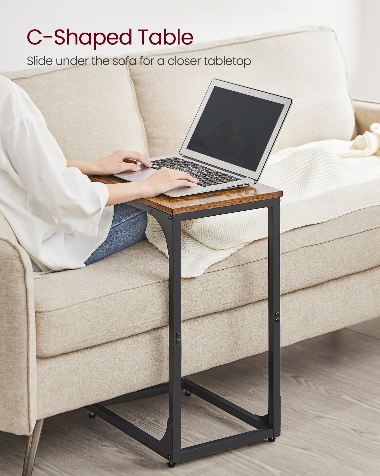 VASAGLE C-Shaped Side Table, Bedside Table, Sofa Side Table, Coffee Table, with Metal Frame, Industrial, for Living Room, Bedroom, Rustic Brown and Black LET350B01