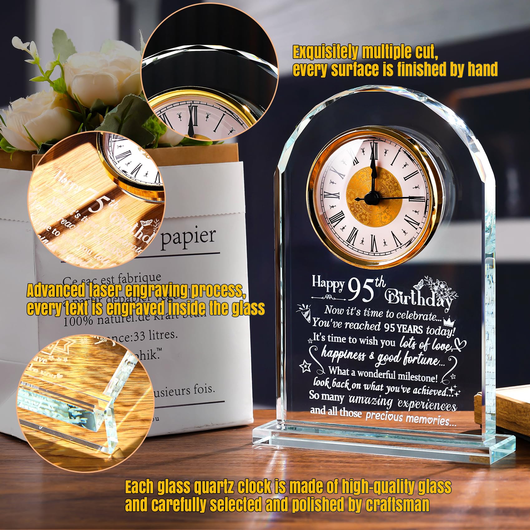 Happy 95th Birthday Quartz Clock Gifts for Women Men, Glass Keepsake 95th Birthday Gifts for Parents Friends, Birthday Presents for Grandma Turning 95