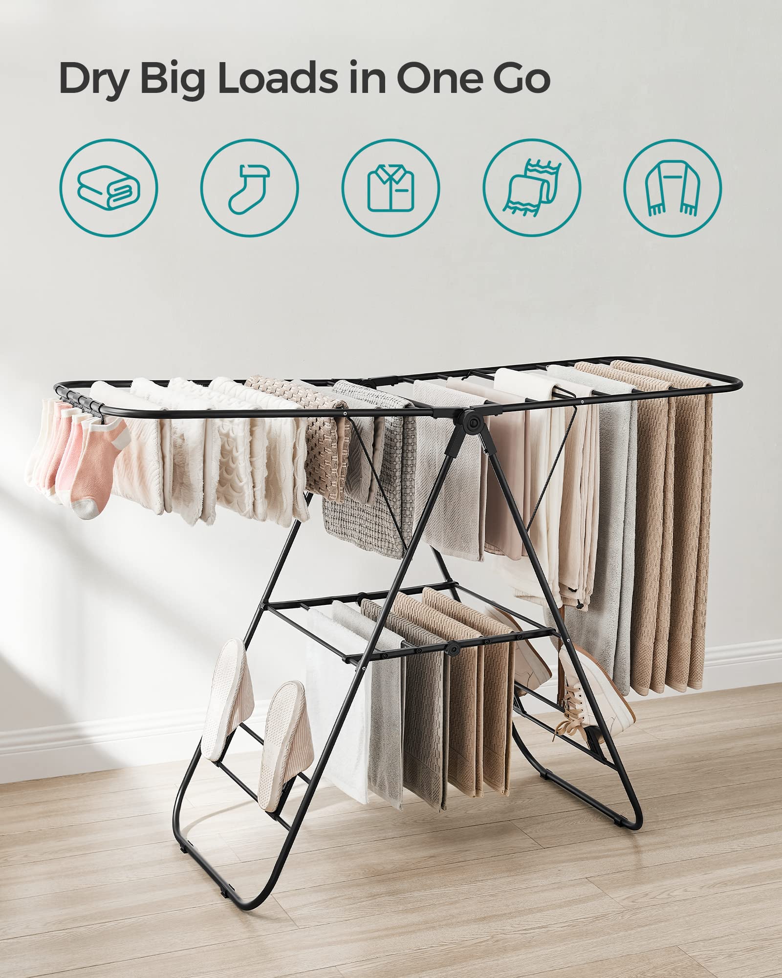 SONGMICS Clothes Airer, Foldable Clothes Drying Rack, Clothes Horse with Height-Adjustable Wings, Free-Standing Laundry Drying Rack, Indoor and