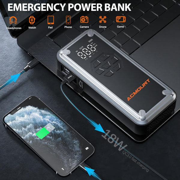 Acmount 5000A Jump Starter Power Pack, 12V Car Battery Booster Jump Starter (Up to 10L Gas and 8L Diesel Engine), Portable Power Bank Jump Pack with Jump Leads, USB QC 3.0, Emergency LED Light