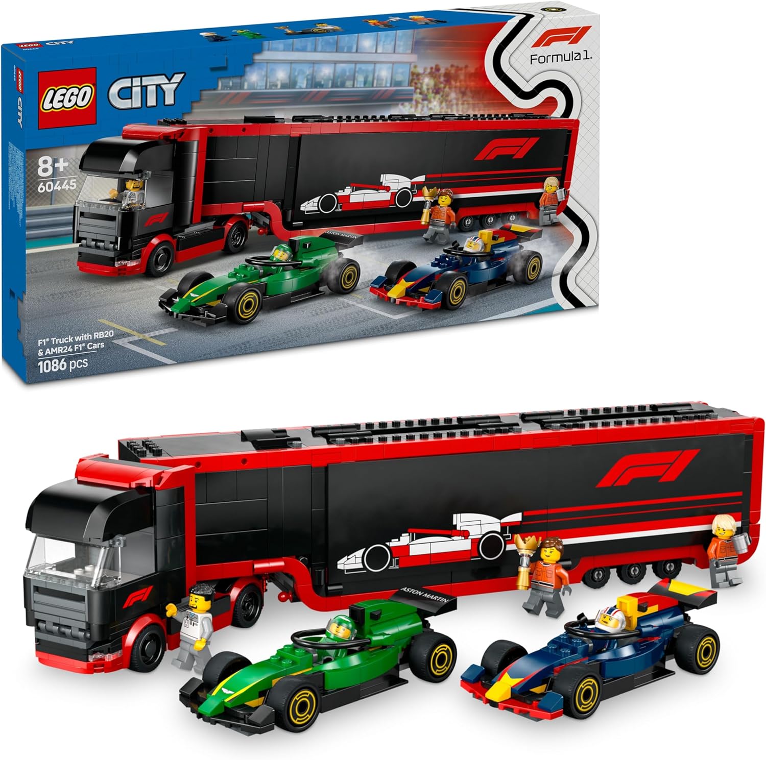 LEGO City F1 Truck with RB20 & AMR24 F1 Cars - Car Transporter Toy for RB & Aston Martin Formula 1 Teams - Incl. 2 Drivers & Race Simulator - Gifts for 8+ Year Old Boys & Girls - 60445