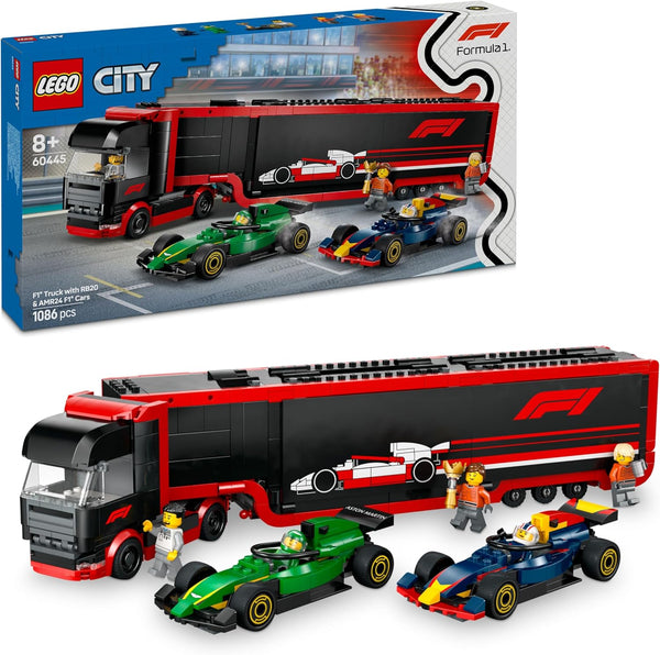 LEGO City F1 Truck with RB20 & AMR24 F1 Cars - Car Transporter Toy for RB & Aston Martin Formula 1 Teams - Incl. 2 Drivers & Race Simulator - Gifts for 8+ Year Old Boys & Girls - 60445
