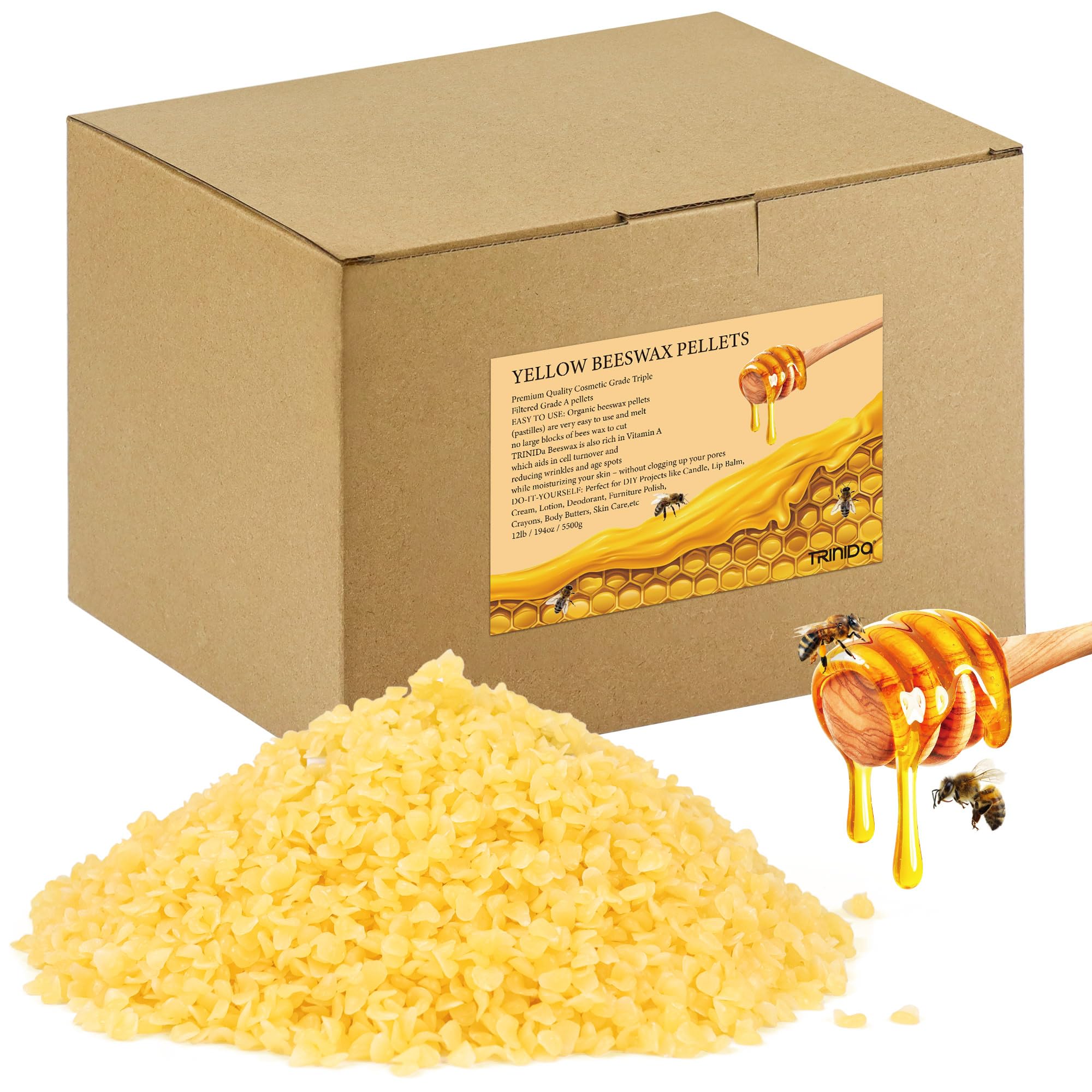 TRINIDa Beeswax Pellets 5.5kg, Yellow Bees Wax for DIY Candles, Beeswax for Candle Making, Skin, Body, Face, and Hair Care, Lotions, DIY Creams, Lip