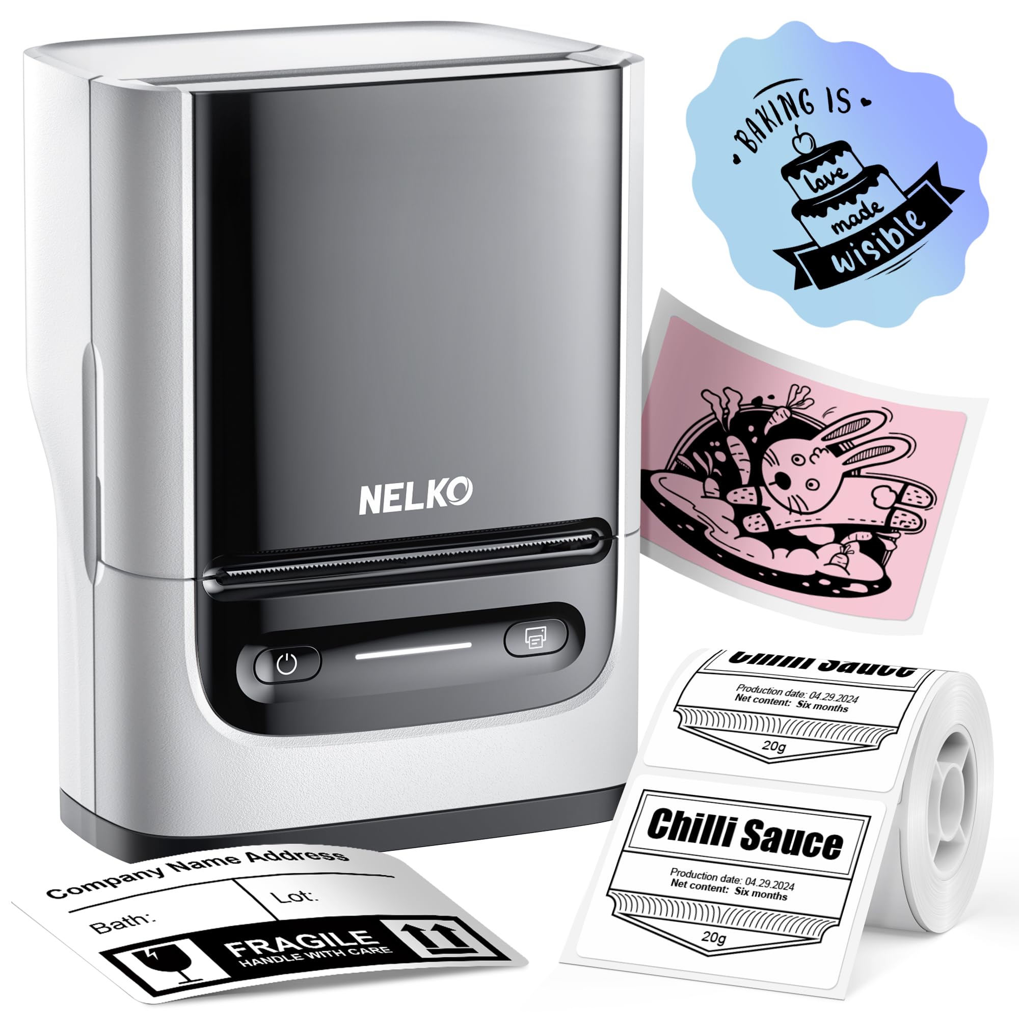 Nelko PM220 Bluetooth Thermal Label Printer, 2 Inch Portable Label Maker Machine for iOS & Android Phone, sticker printer for Clothing, Retail, Address, Barcode, Home, with 1 Roll 40x30mm（White）2 pack