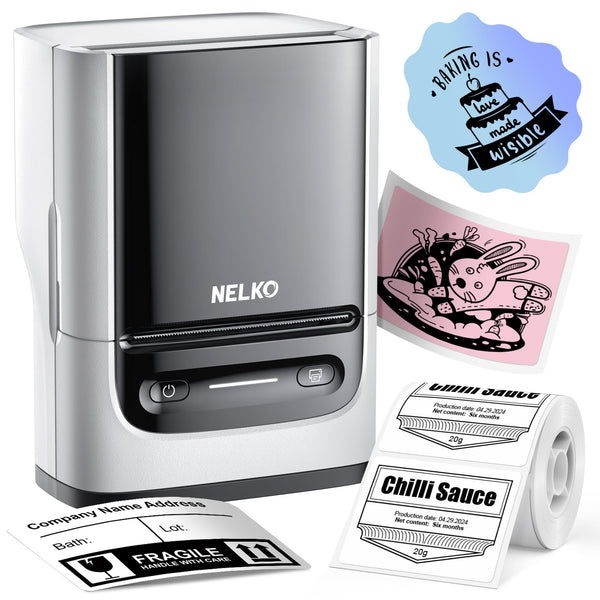 Nelko PM220 Bluetooth Thermal Label Printer, 2 Inch Portable Label Maker Machine for iOS & Android Phone, sticker printer for Clothing, Retail, Address, Barcode, Home, with 1 Roll 40x30mm（White）2 pack