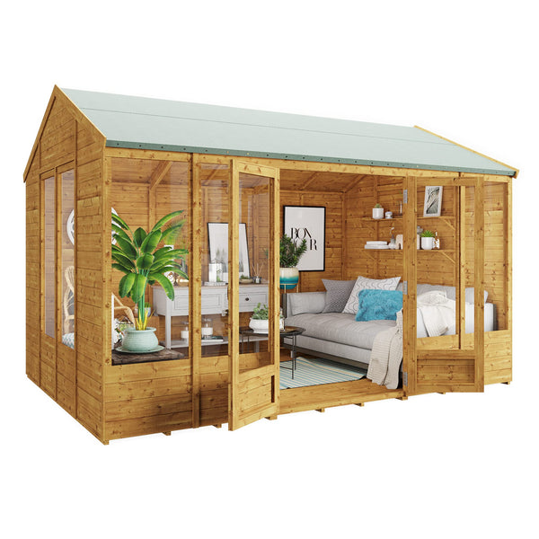 BillyOh Petra 12x10 Reverse Apex Summer House Shed, Log Cabin | Wooden Garden Room with Wide Double Doors, Tear Resistant Felt, Tongue and Groove Construction | Versatile Tiny Home or Garden Office