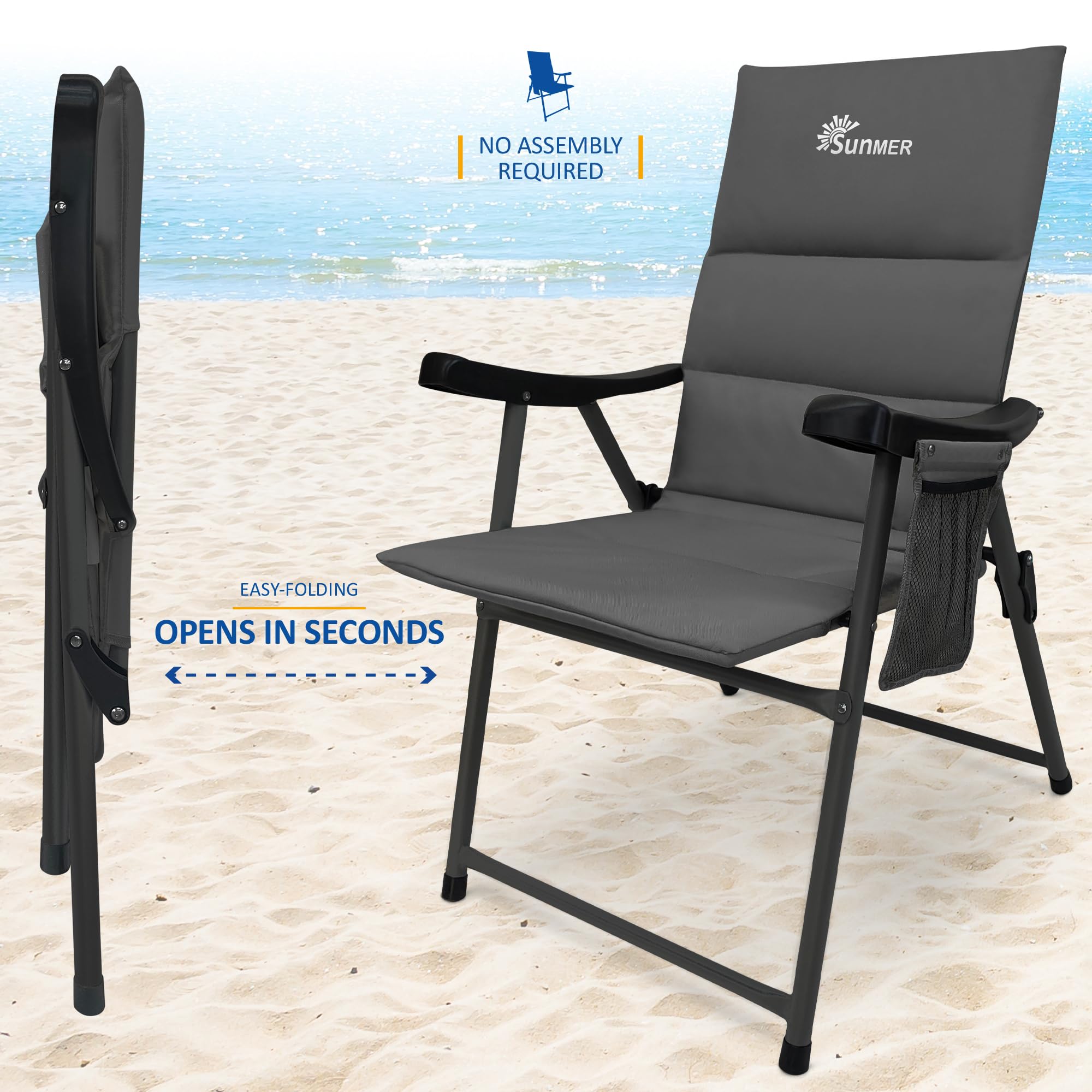 SUNMER Padded Garden Camping Chairs Foldable with Side Pocket, Holds up to 120kg, Lightweight 4kg per Chair, Outdoor Seat for Camping, Fishing, Relaxing - Black