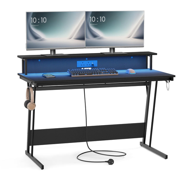 VASAGLE Gaming Desk with LED Lights and Built-In Power Outlets, Computer Desk with Monitor Shelf, Gaming Table for 2 Monitors, Office Desk, for Bedroom, 60 x 120 x 76 cm, Carbon Black LWD292B02