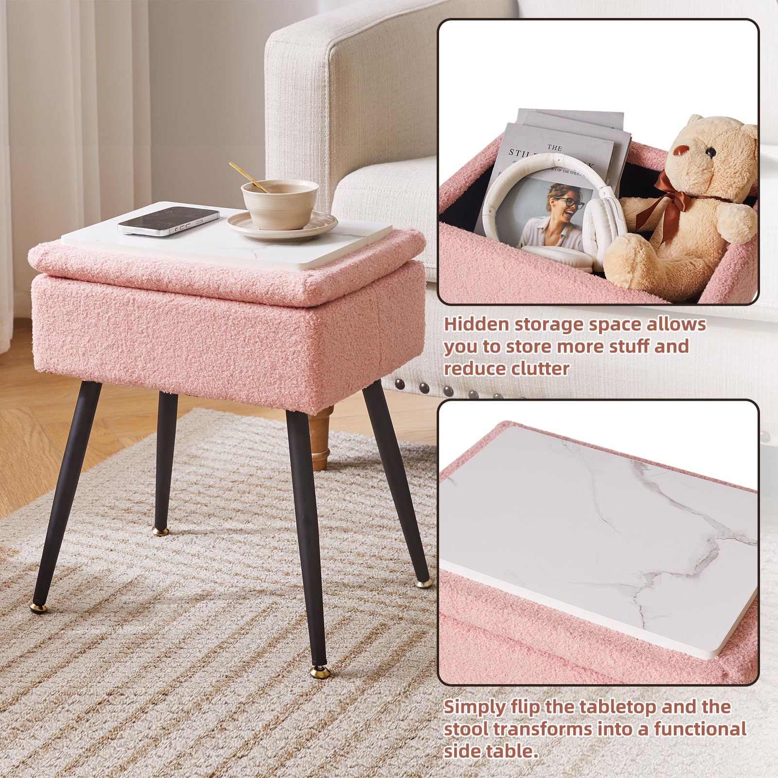 Aibiju Dressing Table Chair with Storage, Faux Teddy Fur Rectangular Bedroom Ottoman Stool with Metal Legs, Makeup Vanity Stool Side Table for Makeup