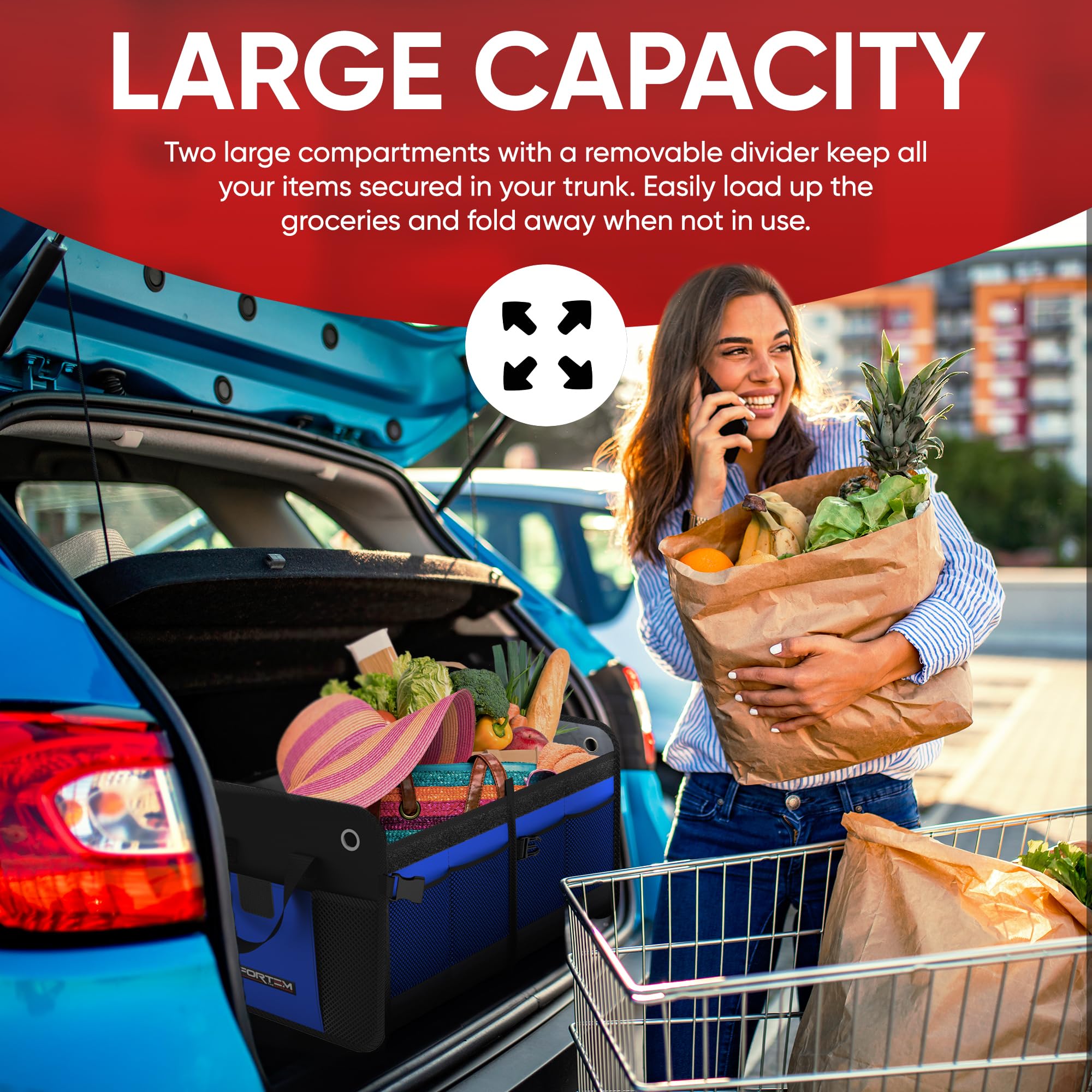 FORTEM Car Boot Organiser, SUV Boot Tidy, Trunk Storage, Collapsible Multi Compartment Car Organiser, Non Slip Bottom, Adjustable Securing Straps, Foldable Cover (65L)