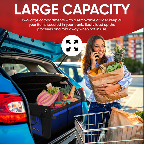 FORTEM Car Boot Organiser, SUV Boot Tidy, Trunk Storage, Collapsible Multi Compartment Car Organiser, Non Slip Bottom, Adjustable Securing Straps, Foldable Cover (65L)