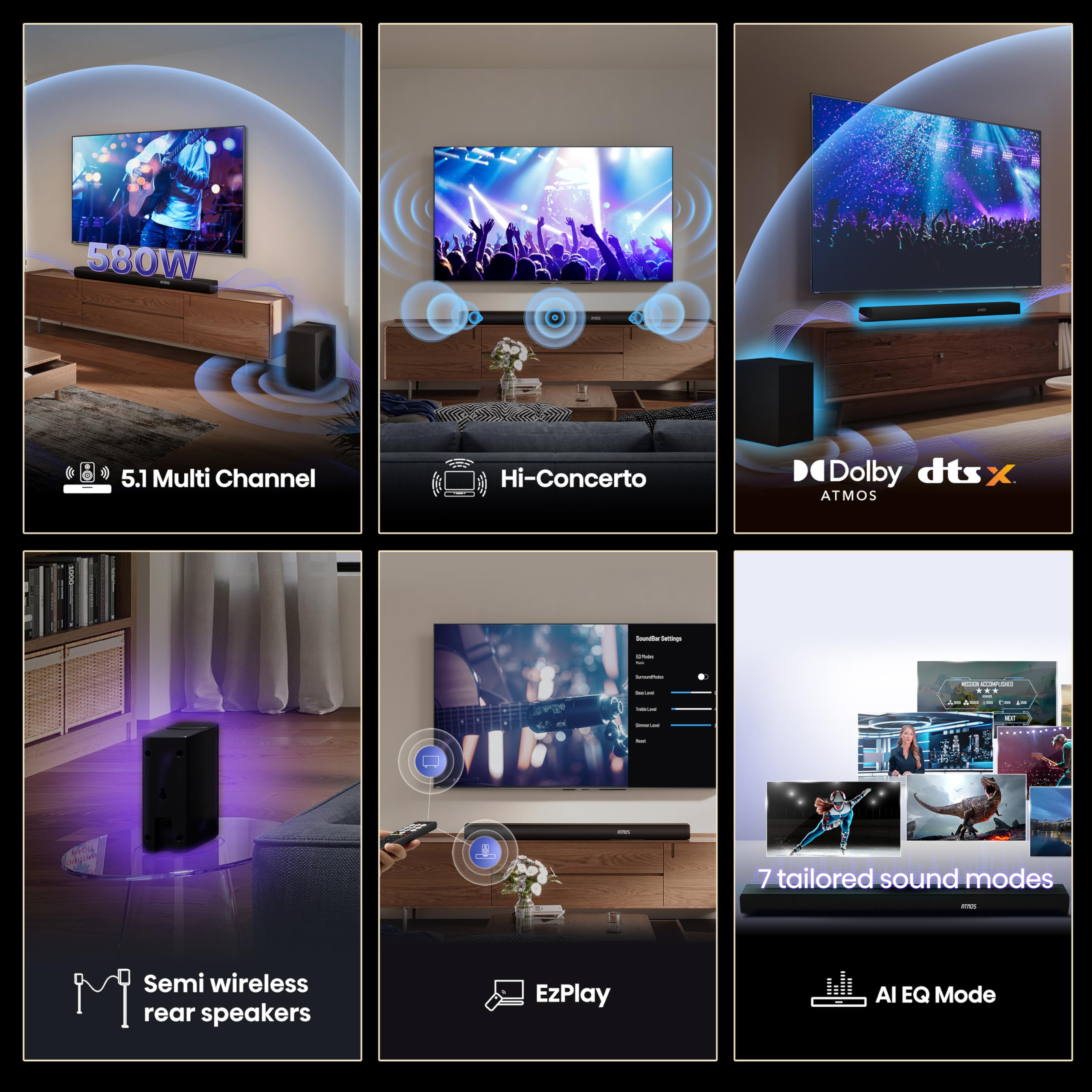 Hisense AX5125H 5.1.2 Channel 500W Dolby Atmos Soundbar with Wireless Subwoofer& Up Firing Speakers& Turly Wireless Rear Speakers