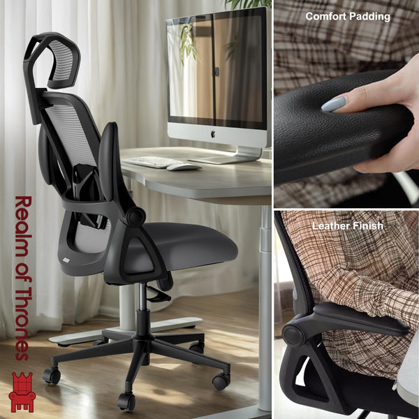 Realm of Thrones CAPTAIN Ergonomic Office Chair for Home, Heavy Duty Steel Base, Versatile Flip-up Armrests, Adjustable Lumbar Support, Mesh Back Comfort Cushion Seat for Computer Desk/Gaming (Black)