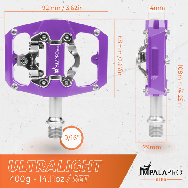 IMPALAPRO - Dual Function Bicycle Flat Pedals and SPD Pedals 9/16'' Compatible with Shimano SPD Pedals - Dual Platform MTB Flat Pedals and SPD