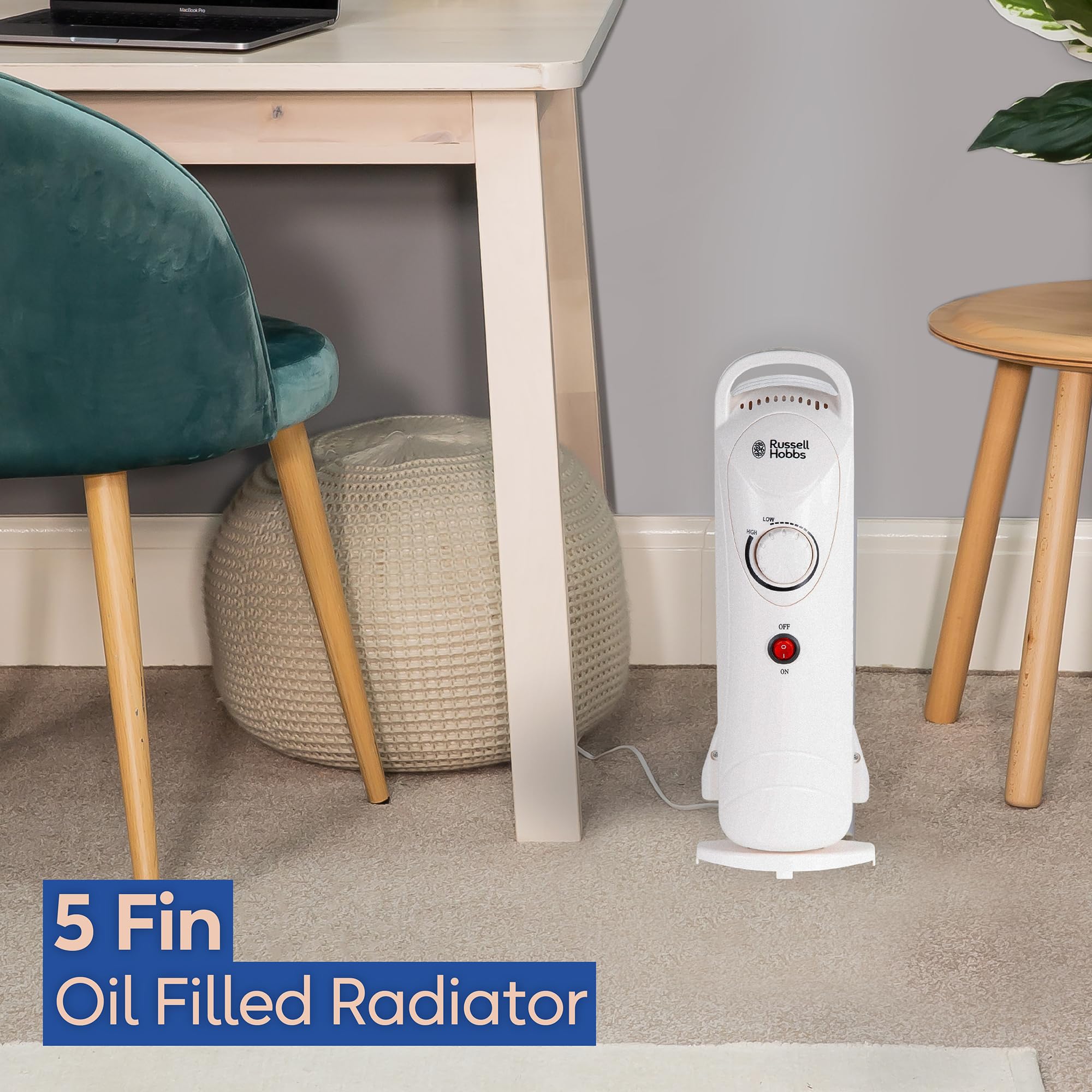 Russell Hobbs 1500W/1.5KW Oil Filled Radiator, 7 Fin Portable Electric Heater - White, Adjustable Thermostat with 3 Heat Settings, Safety Cut-off, 15 m sq Room Size, RHOFR5001, 2 Year Guarantee