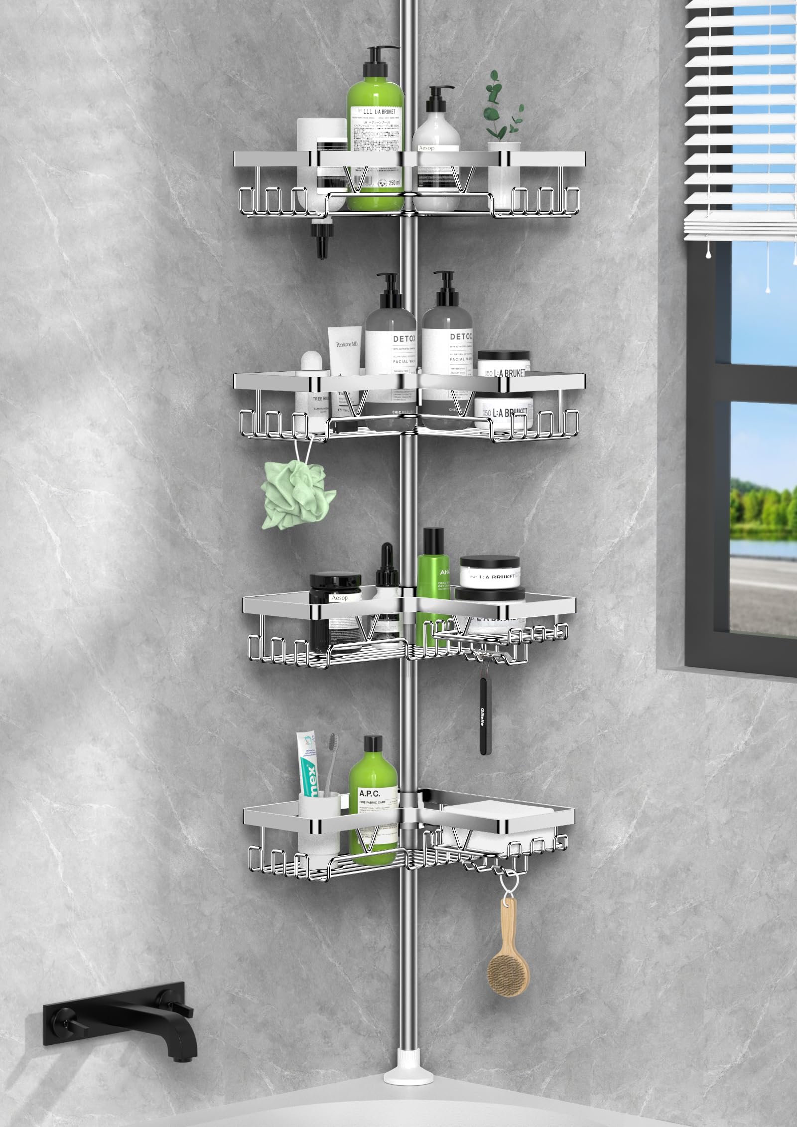 Kegii Telescopic Shower Caddy Corner - Stainless Steel Shower Shelf No Drilling Bathroom Caddy with Soap Holder and Hooks(White), On The Bath or Stand Up Shower