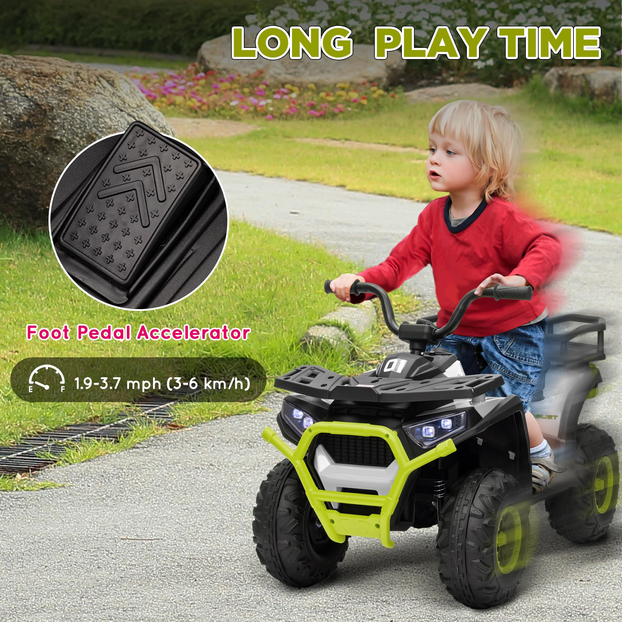 AIYAPLAY 12V Kids Electric Ride on ATV, Battery Powered Quad Bike with 4 Suspension Wheels, Forward Reverse Function, Headlights, Music, Storage Basket, for Ages 3-5 Years, Yellow
