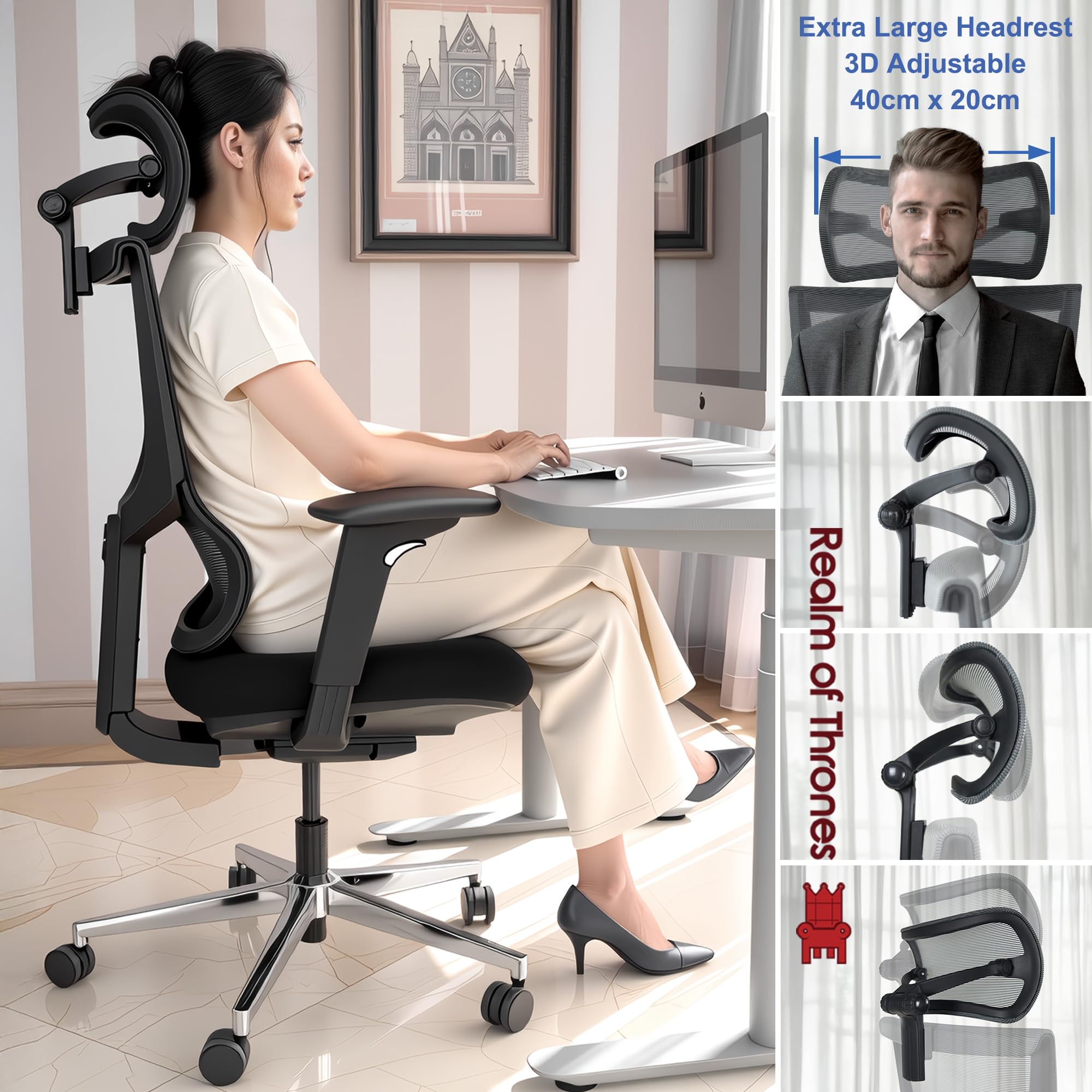 Realm of Thrones CAPTAIN Ergonomic Office Chair for Home, Heavy Duty Steel Base, Versatile Flip-up Armrests, Adjustable Lumbar Support, Mesh Back Comfort Cushion Seat for Computer Desk/Gaming (Black)