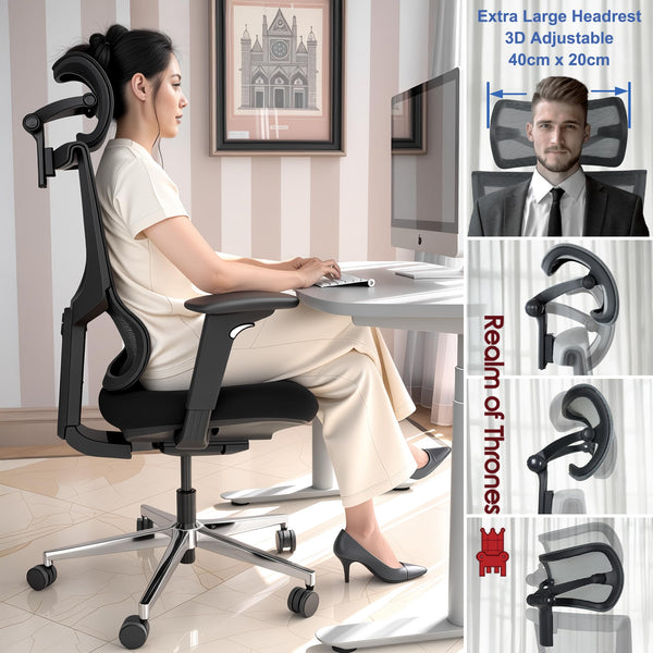 Realm of Thrones CAPTAIN Ergonomic Office Chair for Home, Heavy Duty Steel Base, Versatile Flip-up Armrests, Adjustable Lumbar Support, Mesh Back Comfort Cushion Seat for Computer Desk/Gaming (Black)