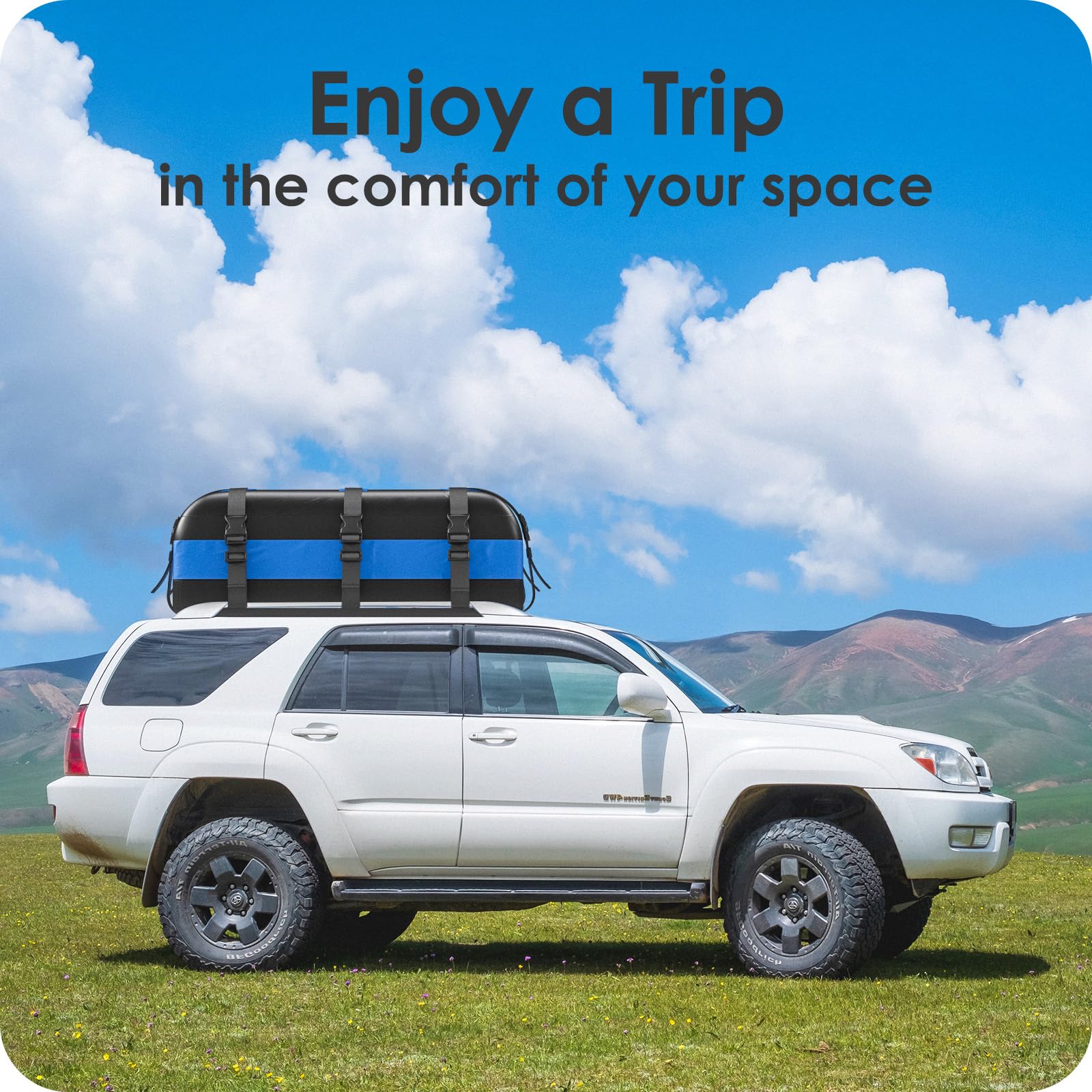 Rymopuey Roof Bag 15 Cubic/425 L, Waterproof Car Roof Bag No Rack Needed, Roof Box with Anti-Slip Mat and 6 Heavy-Duty Straps, Folding Soft Car Roof Box for Cars with/Without Rack (Blue 425 L)