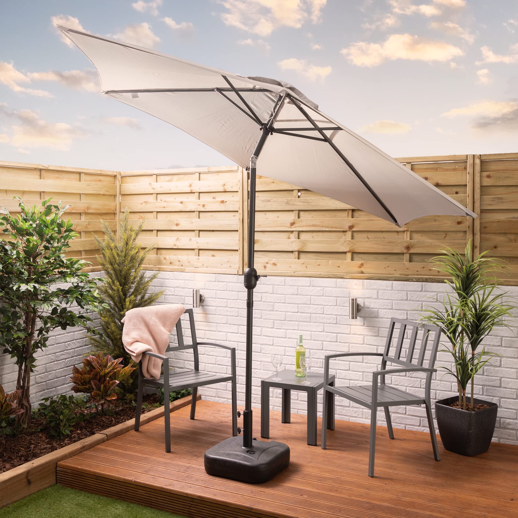 Alfresia 2.7 Metre Parasol - Round with Push Button Tilt, Outdoor Table Parasol Umbrella with Crank Handle, Garden Patio Sun Shade, Grey, Easy Assemble