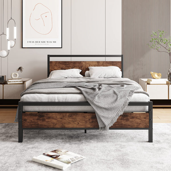 HOJINLINERO Double Bed Frame with Wooden Headboard,Heavy Duty Metal Platform Bed Frame Double Bed No Box Spring Needed,Mattress Base,Metal Slats