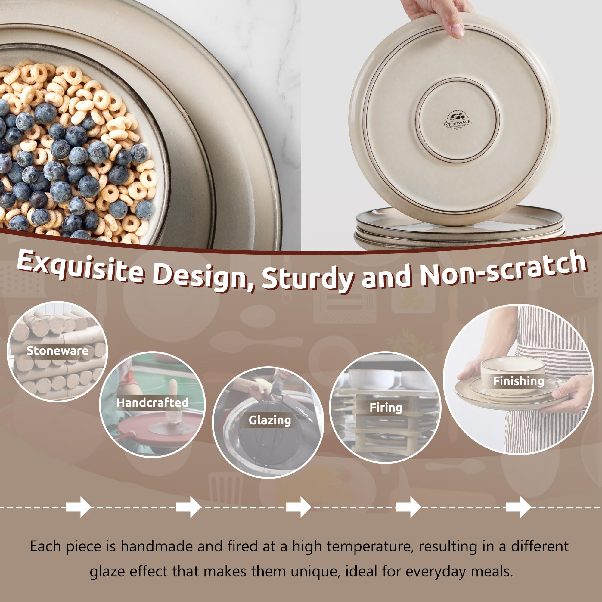 Homikit 12 Piece Dinner Set, Reactive Glaze Kitchen Dinnerware Sets for 4, Elegant Stoneware Included Plates and Bowls, Non-Scratch & Sturdy,