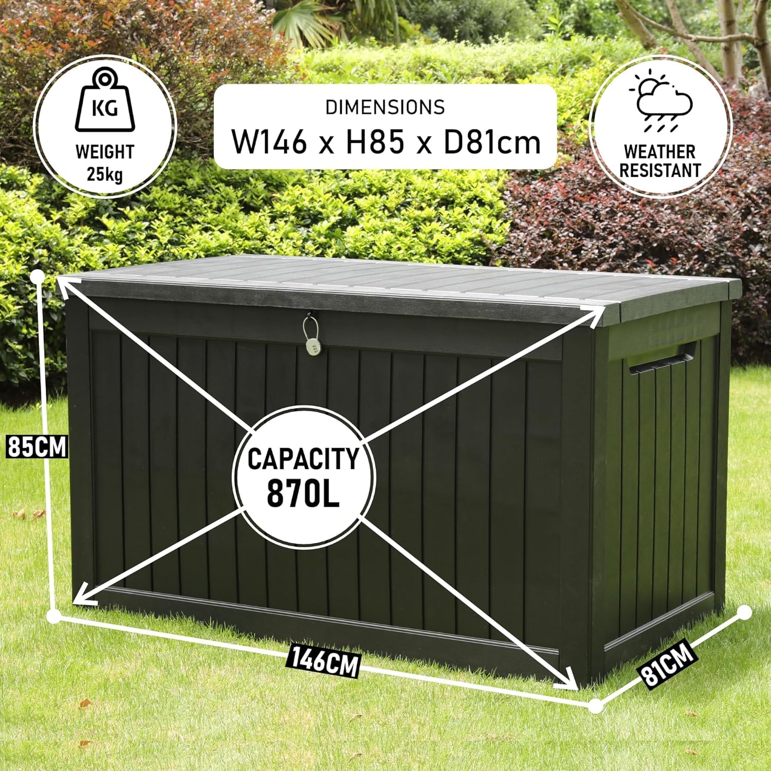 Olsen & Smith 680L Large Garden Storage Box - Weather Resistant Heavy Duty Garden Box with Padlock & Wood Effect - Huge Capacity Outdoor Storage Chest for Tools, Cushions, Toys & More (Anthracite)