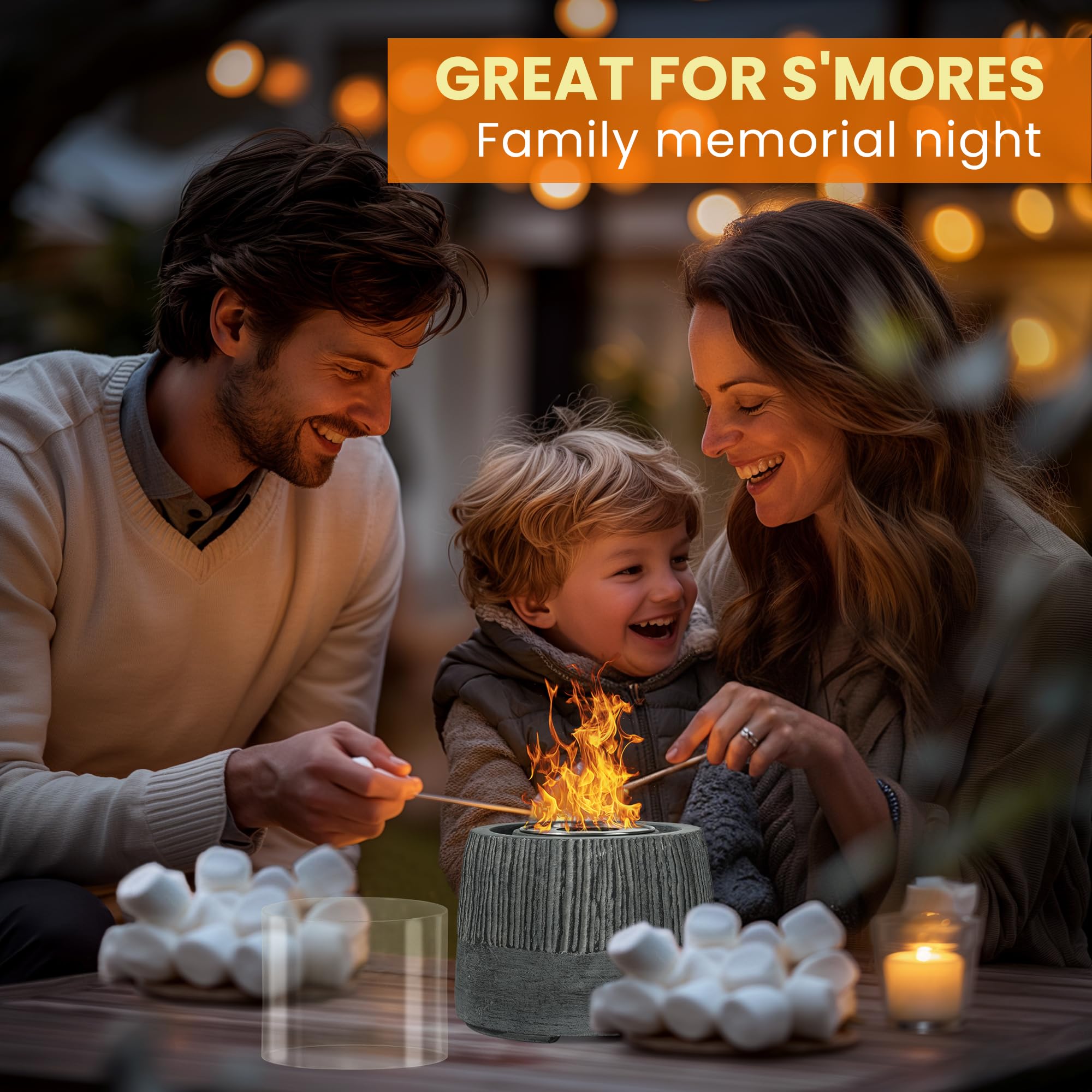 VOSSMOON Tabletop Fire Pit, Bioethanol Table Top Fire Bowl, Portable Round Fireplace indoor or Outdoor, Concrete Table Top Patio Heater Ethanol Burner with Tempered Glass for Potluck or Camping, Black