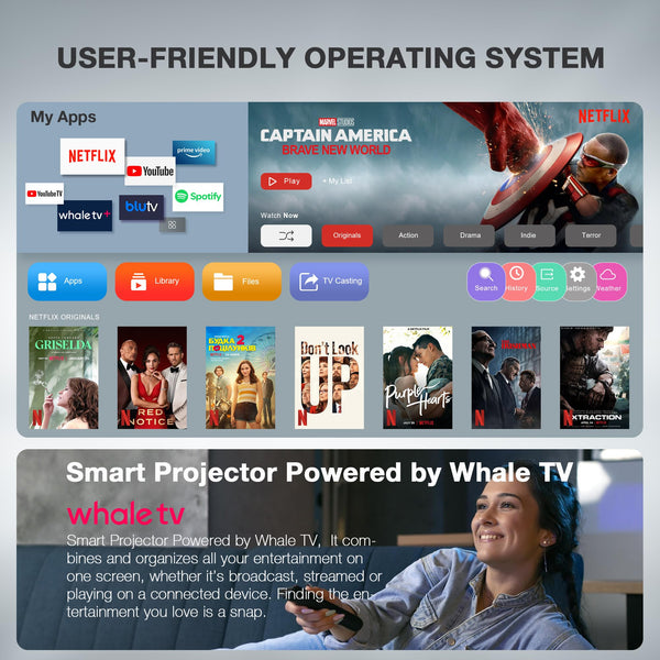 [Ultra-Thin & NetfIix Officially] Smart Mini Projector 4K, VISSPL Auto Focus & Keystone WiFi 6 & Bluetooth 27000 Lumen 1080P Full HD Portable Projector for Bedroom/Outdoor/Phone/iOS/Android