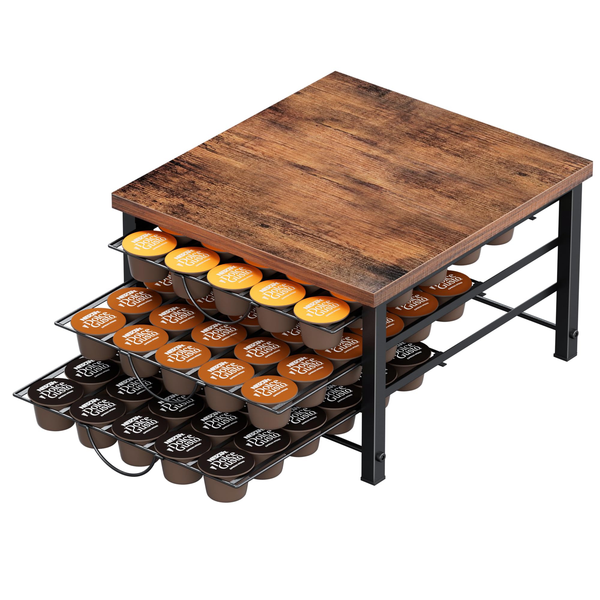 Coffee Pod Holder for Dolce Gusto, 90 Capsules Storage Drawer, 3-Tier Thick Metal with Sturdy Wooden Top, Vintage Coffee Pod Storage with Non-Slip
