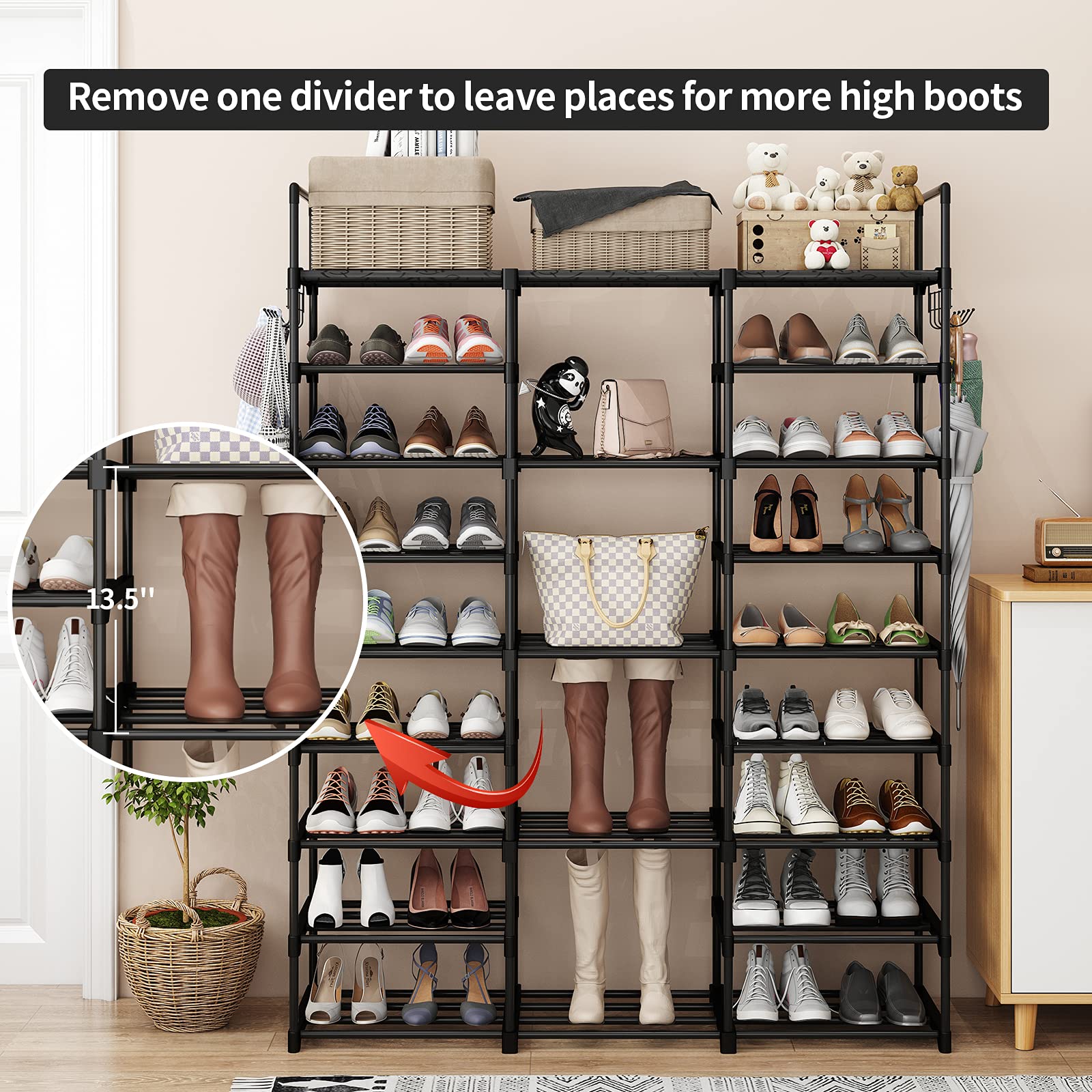 Finew Shoe Rack 9 Tier 3 Row, Metal Shoes Storage Organiser Shelf, Holds 50-55 Pairs Shoe Boots, Stackable Stand Shoe Cabinet with Hooks, Tall Shoe