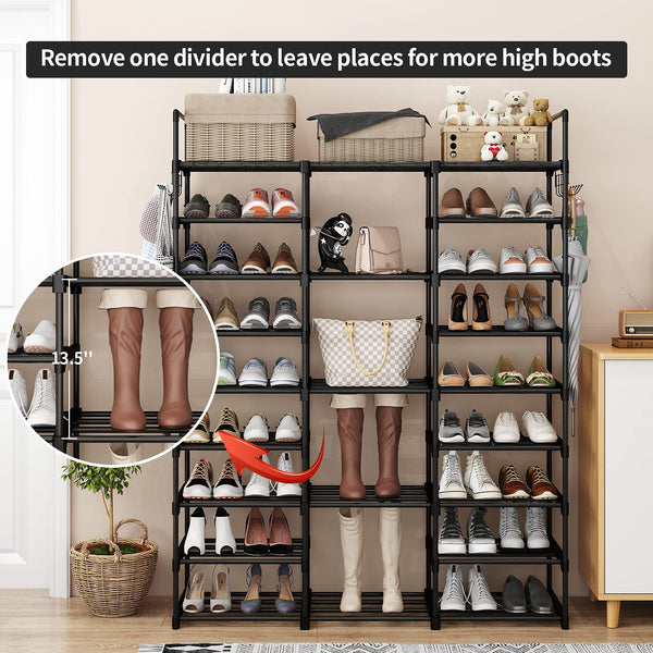 Finew Shoe Rack 9 Tier 3 Row, Metal Shoes Storage Organiser Shelf, Holds 50-55 Pairs Shoe Boots, Stackable Stand Shoe Cabinet with Hooks, Tall Shoe