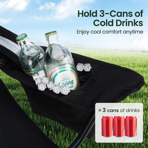 ALPHA CAMP Set of 2 Folding Camping Chairs with Cooler Bag & Cup Holder & Side Pocket Up to 120kg, Lightweight and Portable Camping Chair for Adults, Black