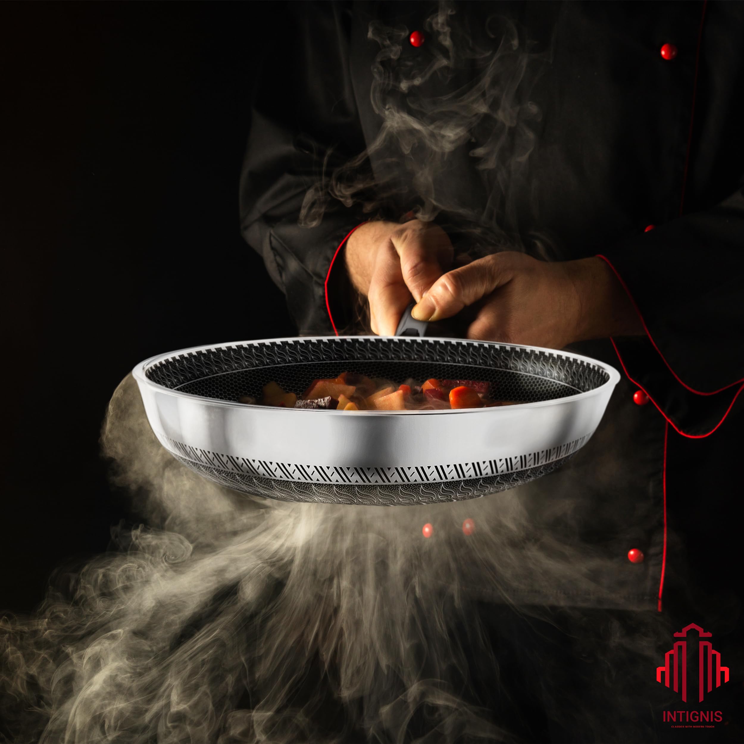 INTIGNIS Premium Frying Pan with Lid  30cm/ 12 Inches  Non-Stick | Scratch Resistant | Extra Deep Large | Chemical Free | Stainless Steel Skillet |