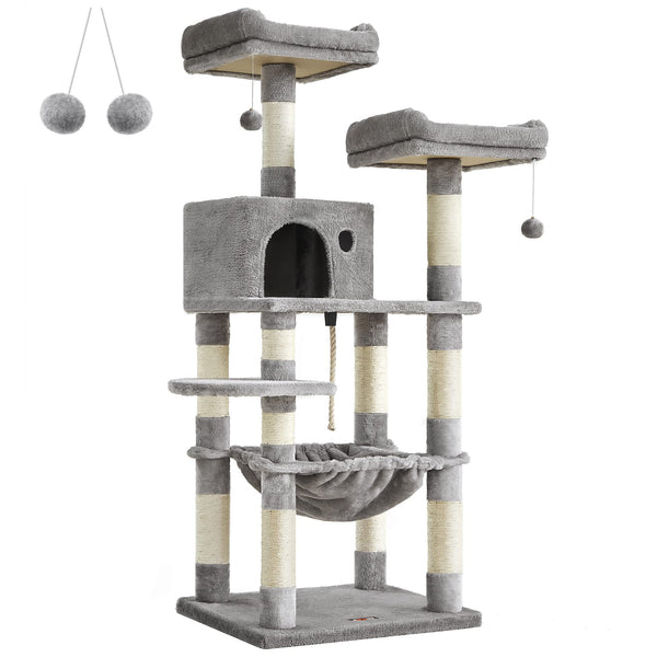 Feandrea Cat Tree, Stable Cat Tower, 2 Plush Perches, 143cm, Light Grey PCT15W