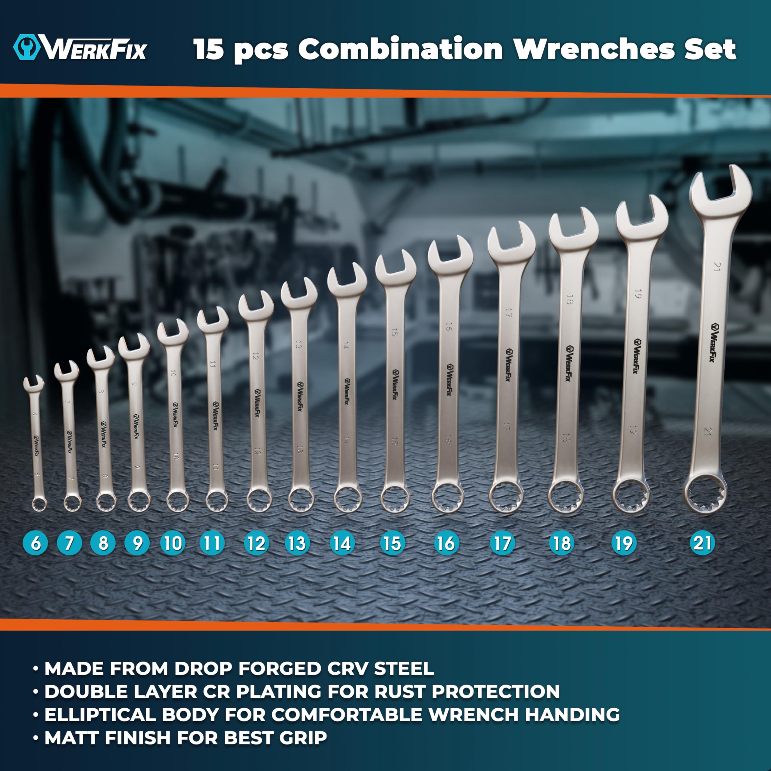 WerkFix Combination Spanner Set 15-Piece 6-21 mm Made of CRV Steel, Laser-Marked, matt-Finished, in tetron roll Bag