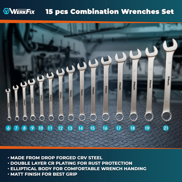 WerkFix Combination Spanner Set 15-Piece 6-21 mm Made of CRV Steel, Laser-Marked, matt-Finished, in tetron roll Bag