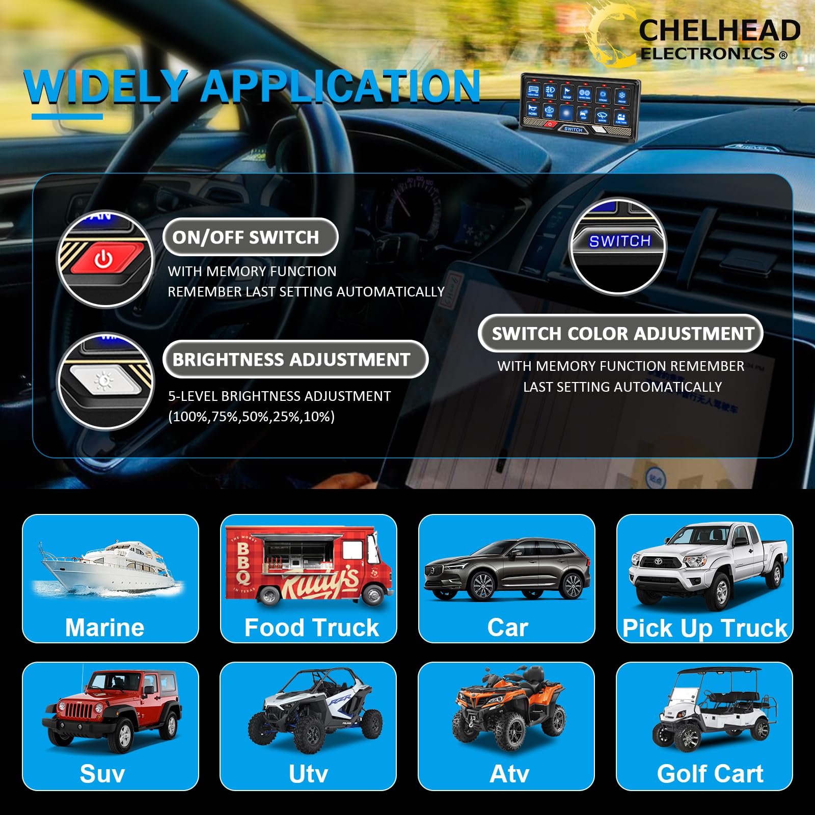 Chelhead 12V/24V Switch Control Panel RGB 6 Gang Dimmable Multi-Function Programmable Switch Panel Acc Battery Control Waterproof, Compatible with Truck Boat SUV RV Trailer Marine ATV UTV