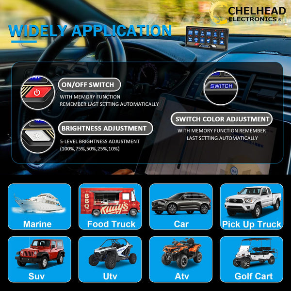 Chelhead 12V/24V Switch Control Panel RGB 6 Gang Dimmable Multi-Function Programmable Switch Panel Acc Battery Control Waterproof, Compatible with Truck Boat SUV RV Trailer Marine ATV UTV