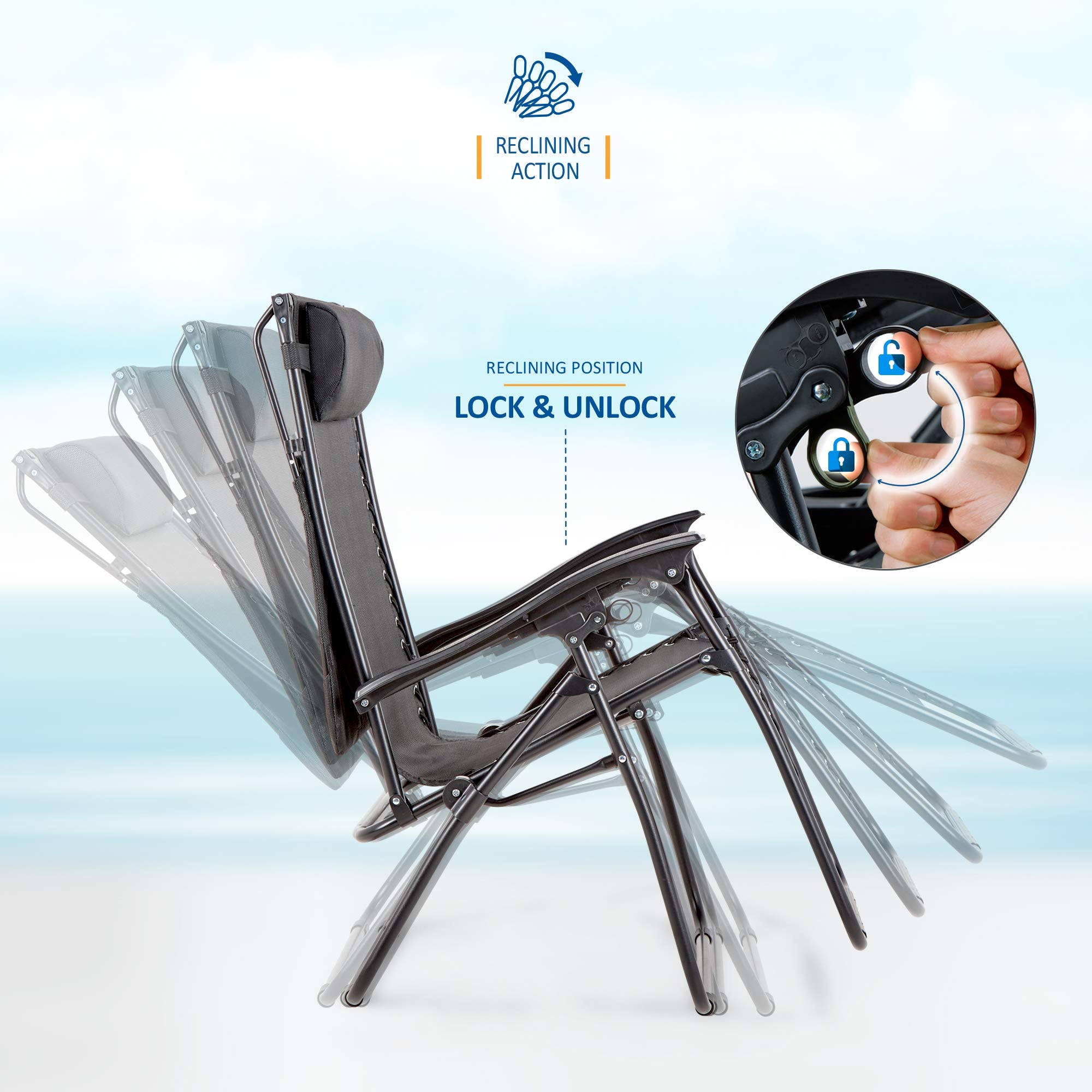 Set of 2 Sun Lounger Garden Chairs With Cup And Phone Holder | Adjustable Headrest Pillow | Deck Folding Recliner Zero Gravity Outdoor Chair - Black